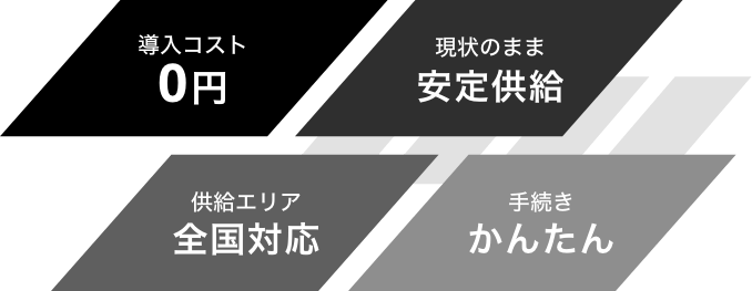 導入コスト0円、現状のまま安定供給、供給エリア全国対応、手続きかんたん